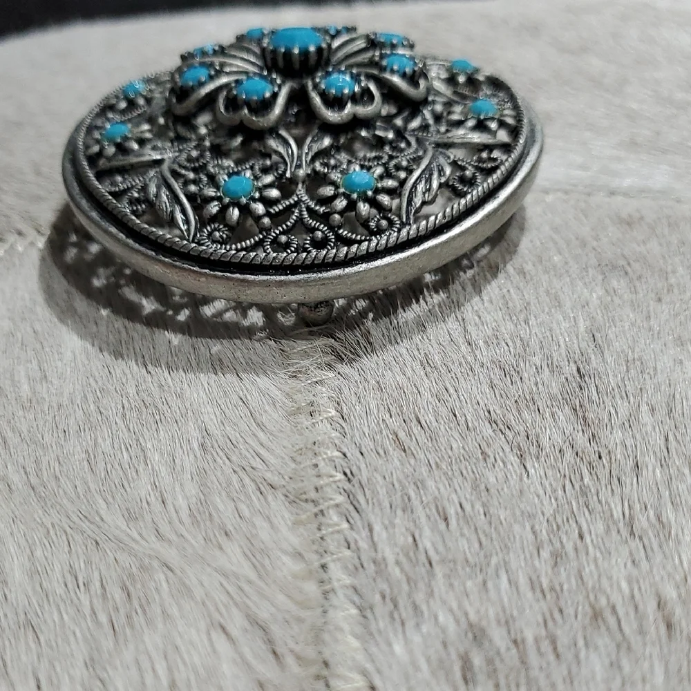 Western Silver and Turquoise Ornate Belt Buckle Rodeo Cowgirl Country Thunder